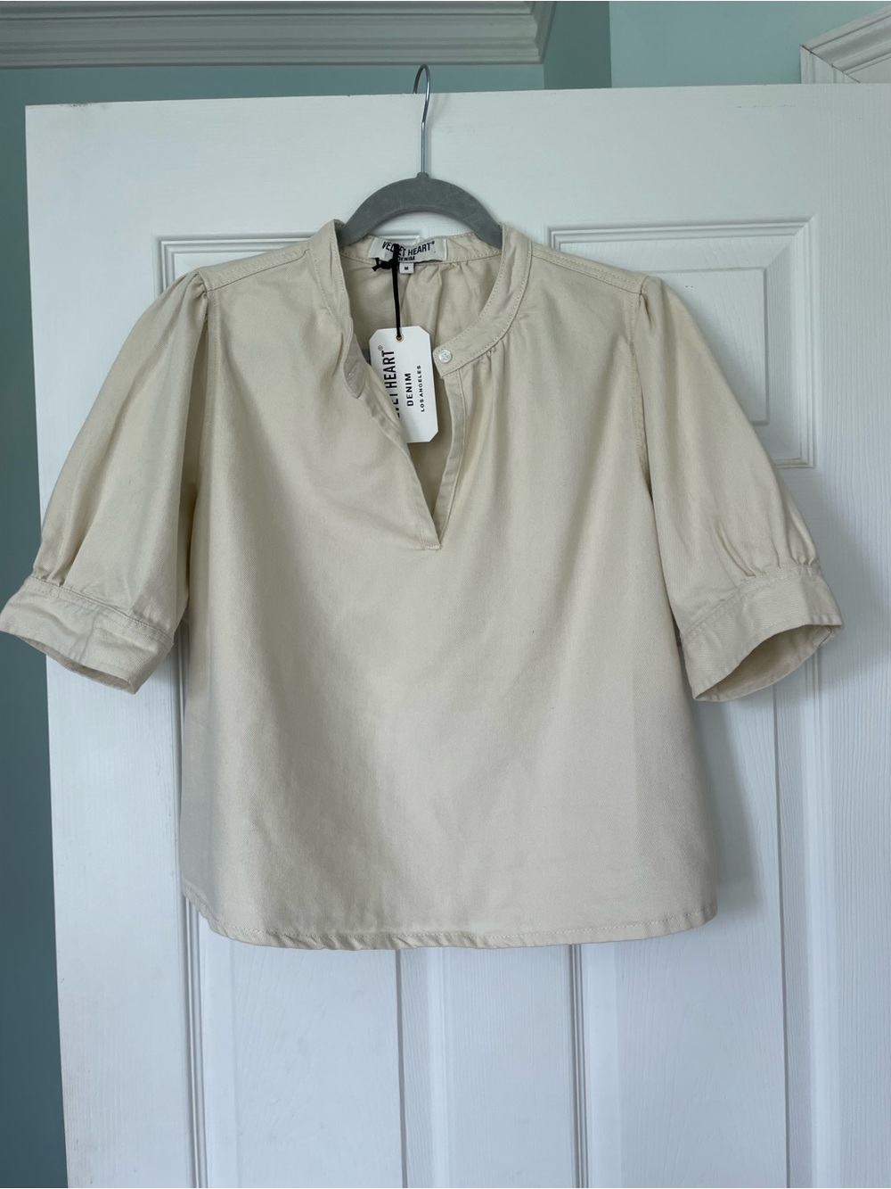 Cream Puff-Sleeve Denim Top NWT - M